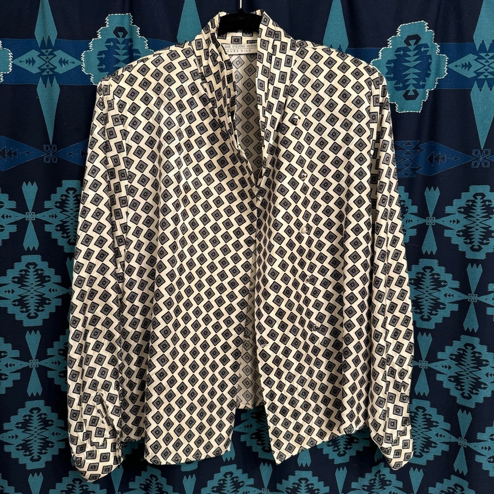 VALERIE STEVENS Vintage Black & Cream Geometric Silk Kimono-Style Blouse - Picture 6 of 13